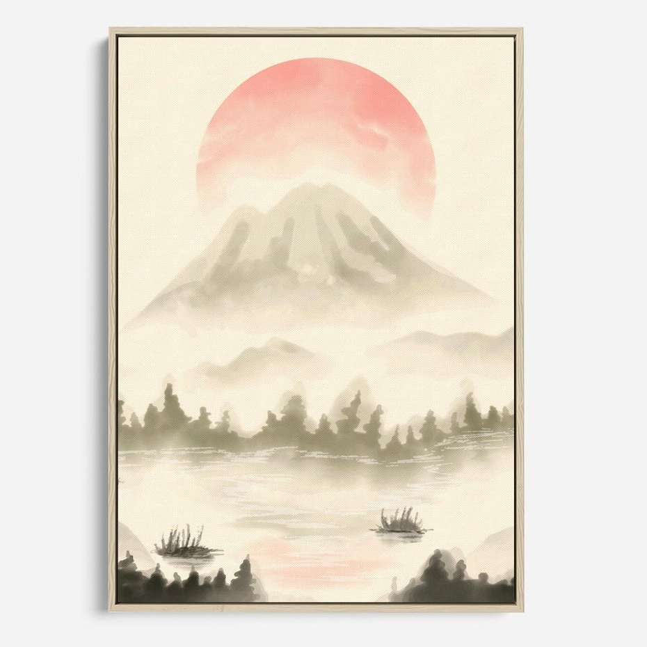 Obraz w ramie 80x120 - Przyroda Japonii - japońska akwarela, góry - rama drewno