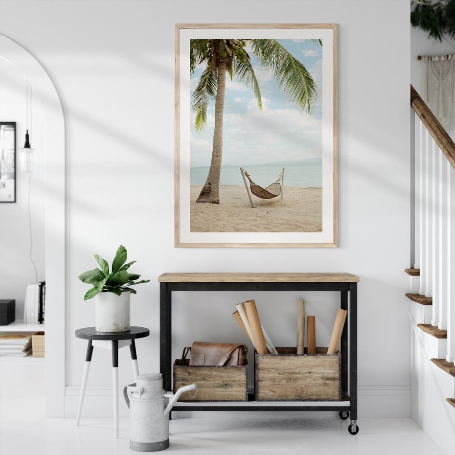 Plakat w ramie 30x40 - Relaks na plaży - palma, hamak - rama drewno