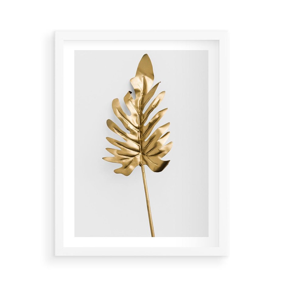 Plakat w ramie 50x70 - Ponadczasowy Urok - złote, liście - rama biała