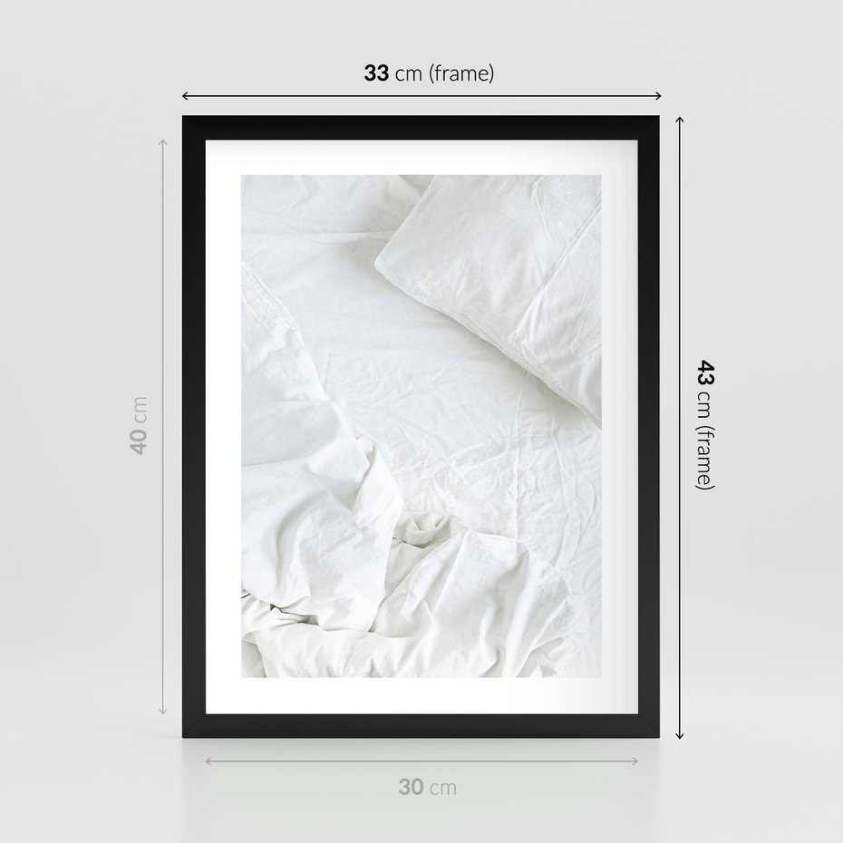 Plakat w ramie 30x40 - Sztuka i Komfort - pościel, biała kołdra poduszka - rama czarna