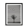Plakat w ramie 50x70 - Samotne Drzewo - samotne drzewo w polu, czarno białe zdjęcie - rama czarna