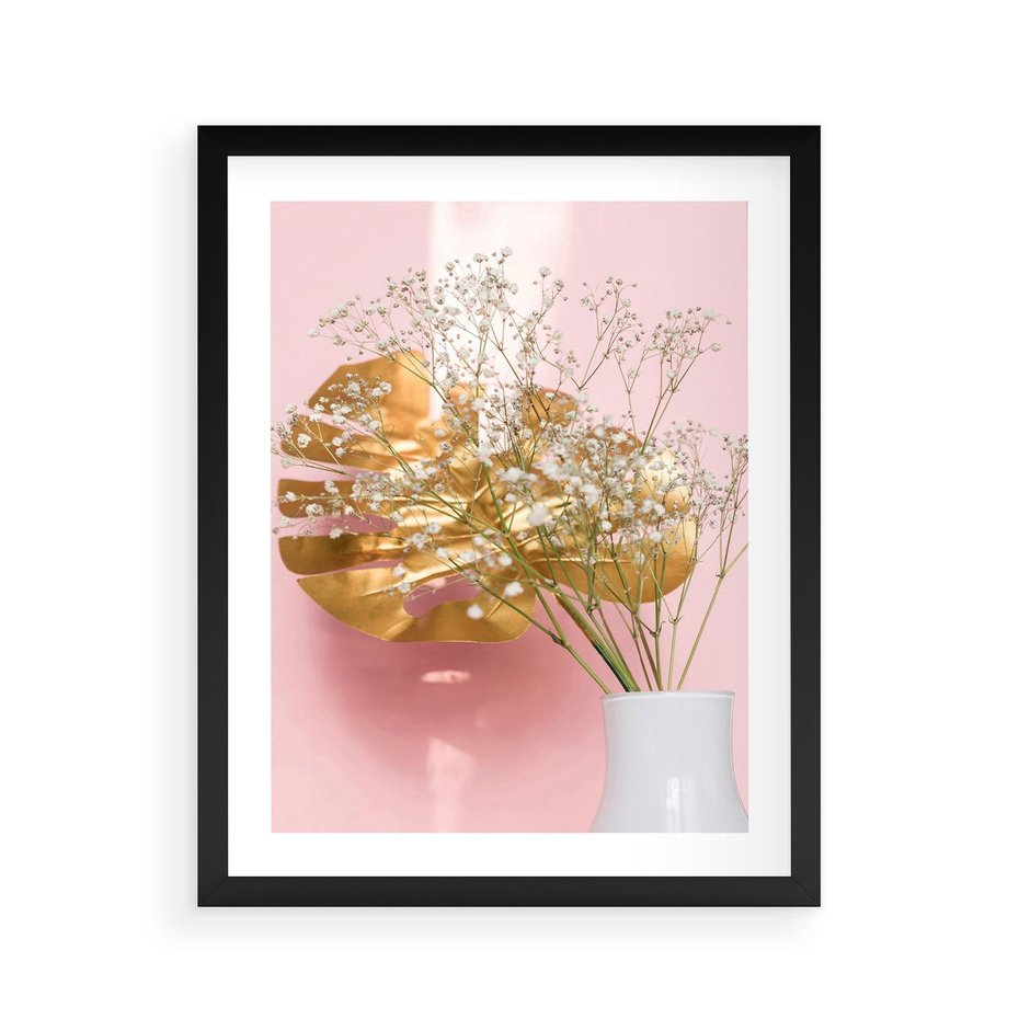 Plakat w ramie 40x50 - Złoty Akcent - złoty liść montery, gipsówka - rama czarna