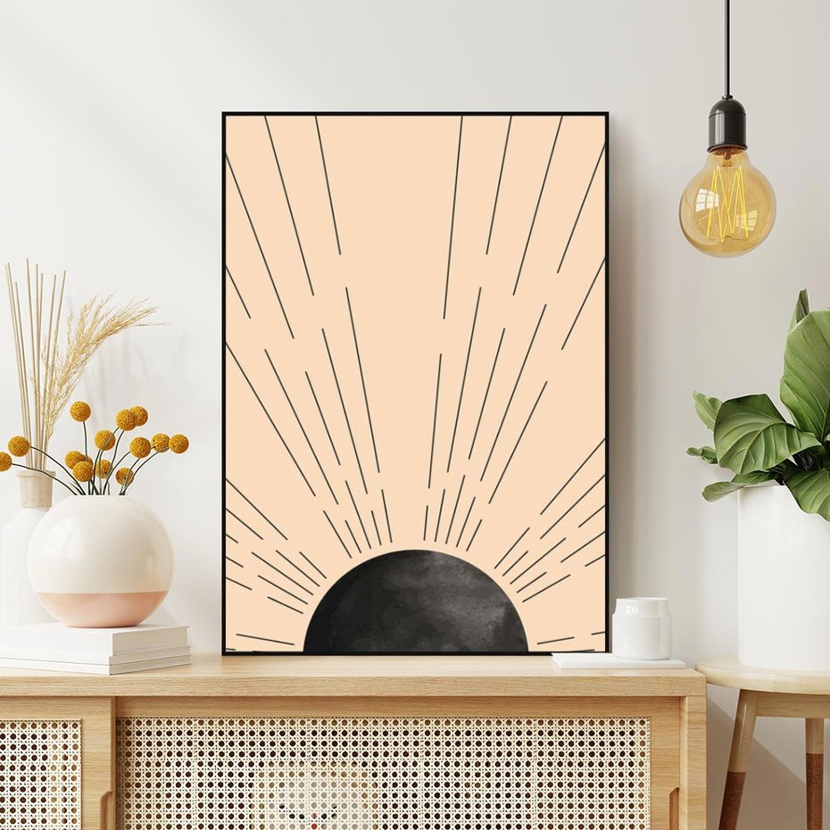 Obraz w ramie 70x100 - Migocące Kształty Promieni - boho czarne słońce, nowoczesna grafika - rama czarna