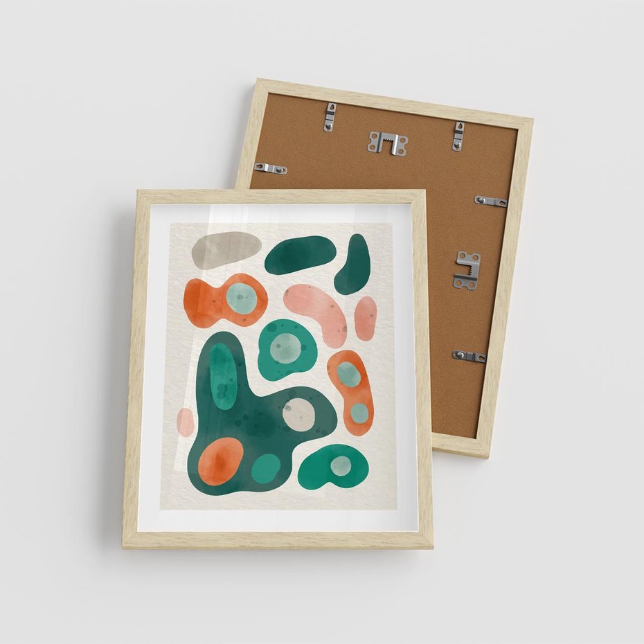 Plakat w ramie 40x50 - Kolorowe Przenikanie - przypadkowe abstrakcyjne plamy, pomarańczowy i zielony - rama drewno