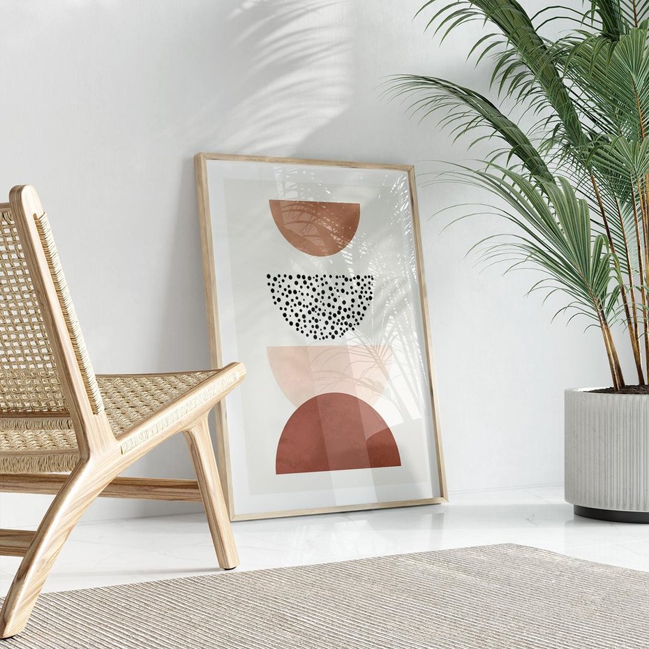 Plakat w ramie 50x70 - Geometryczna Harmonia w Brązach i Beżach - geometryczne kształty, brązy i beże - rama drewno