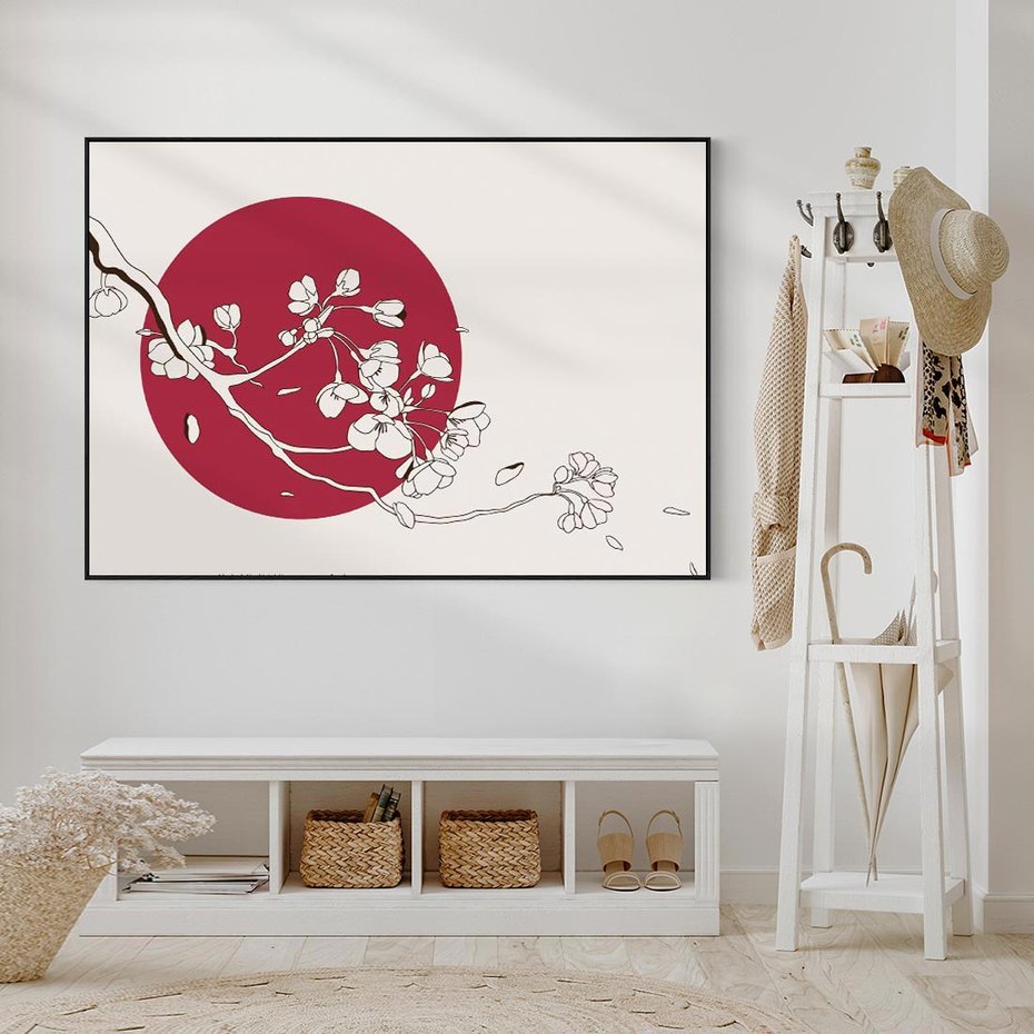 Obraz w ramie 70x50 - Esencja Zen - kwiatnąca wiśnia, orientalna grafika - rama czarna