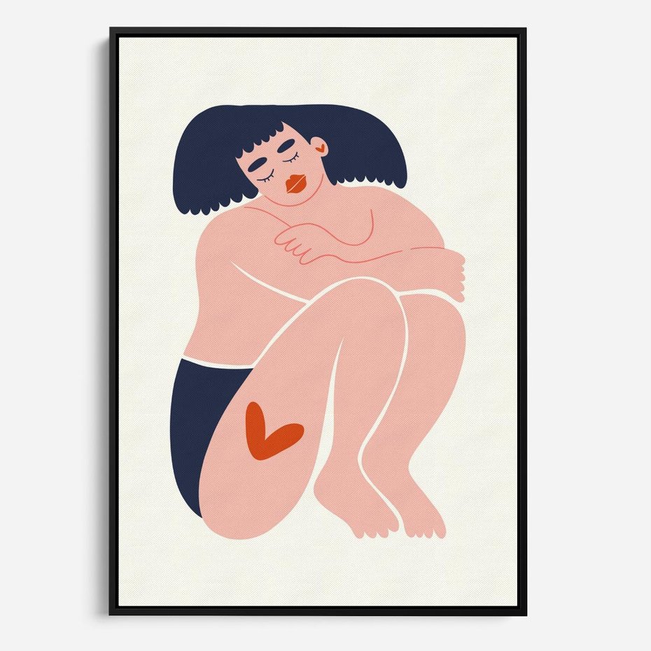 Obraz w ramie 50x70 - Melodia snów na płótnie - zakochana kobieta, graficzny obraz - rama czarna