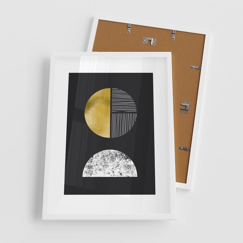 Plakat w ramie 50x70 - Złote Koła i Geometryczne Formy - grafika, modern - rama biała