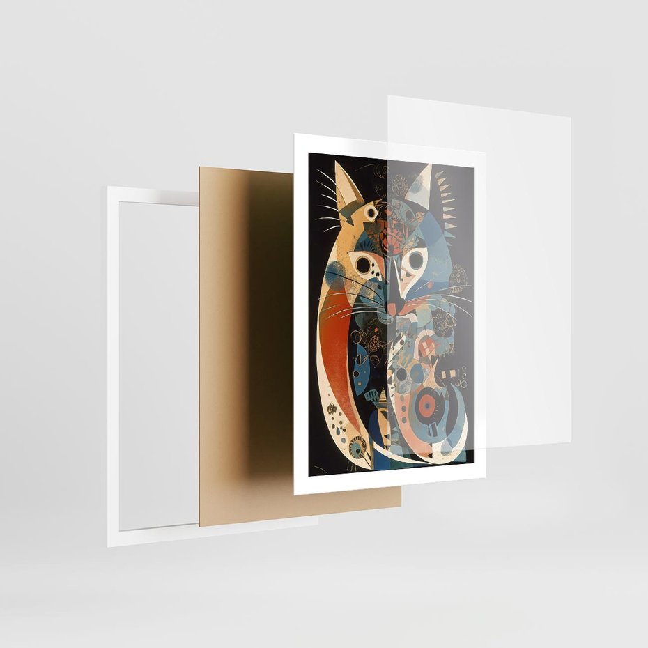 Plakat w ramie 50x70 - Księga Surrealnych Wymiarów - abstrakcyjny obraz olejny, kot - rama biała