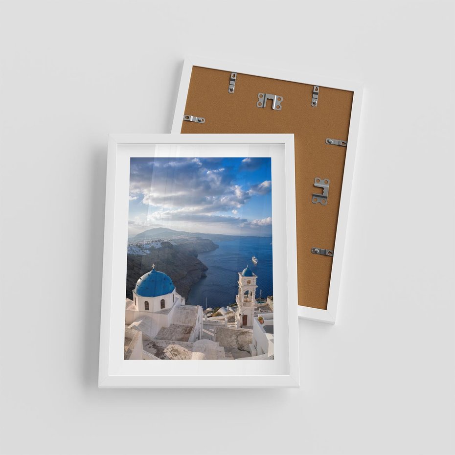 Plakat w ramie 30x40 - Błękitne Przezycia - Santorini, morze - rama biała