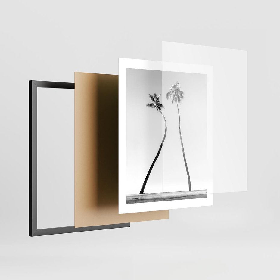 Plakat w ramie 40x50 - Samotne Palmy - czarno biała fotografia, dwie samotne palmy - rama czarna