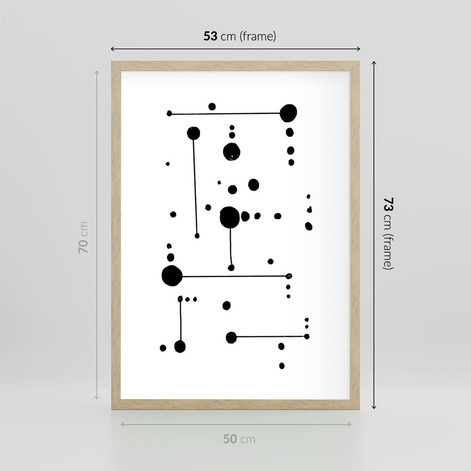 Plakat w ramie 50x70 - Nocne Zawirowania - abstrakcyjny plakat, czarne kropki i kreski - rama drewno