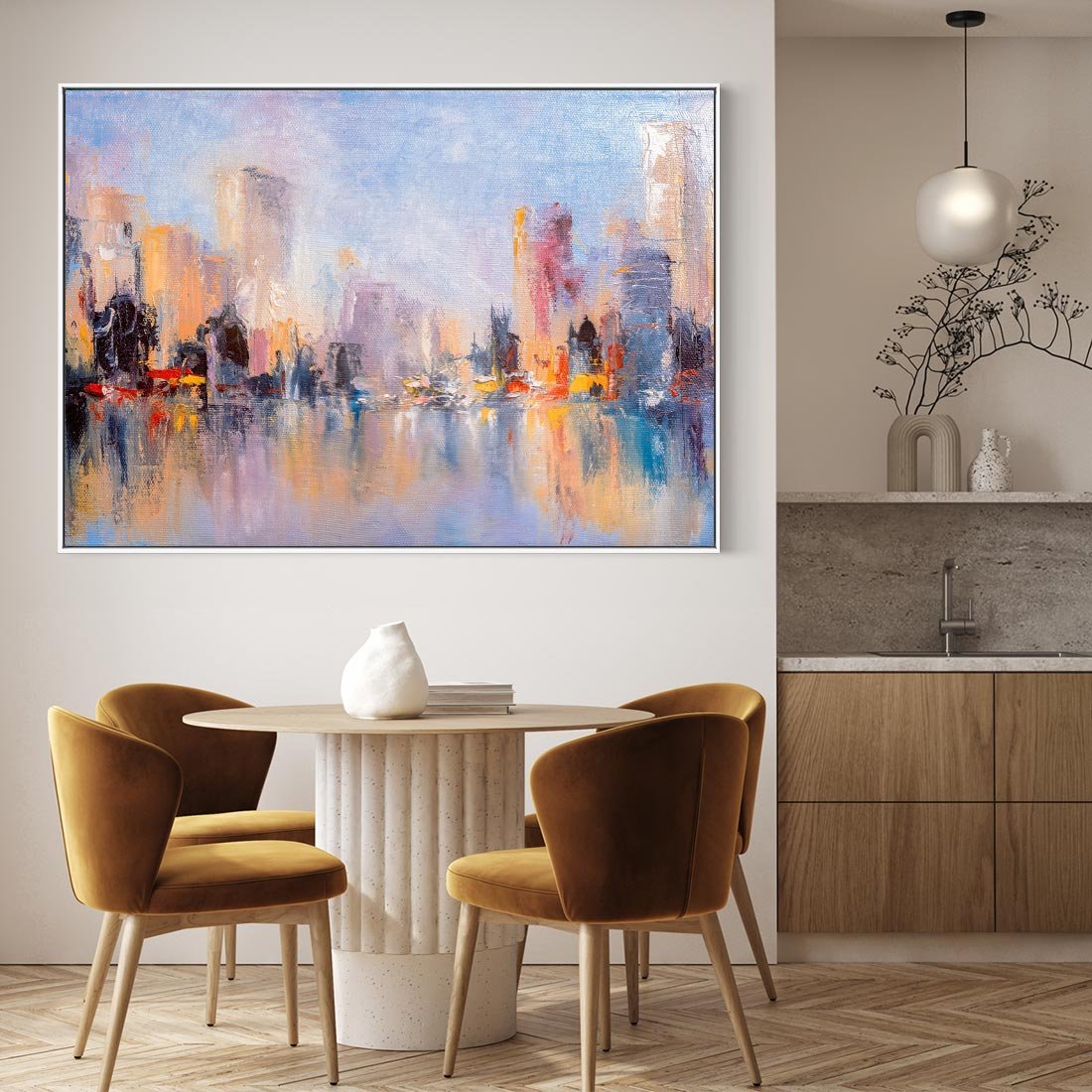 Obraz w ramie 70x50 - Miasto Refleksji - olejna panorama miasta w oddali, wiezowce odbijają się w rzece - rama biała