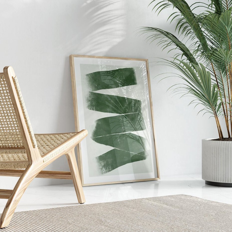Plakat w ramie 50x70 - Zielone Refleksje - abstrakcja, zgaszony zielony kolor - rama drewno