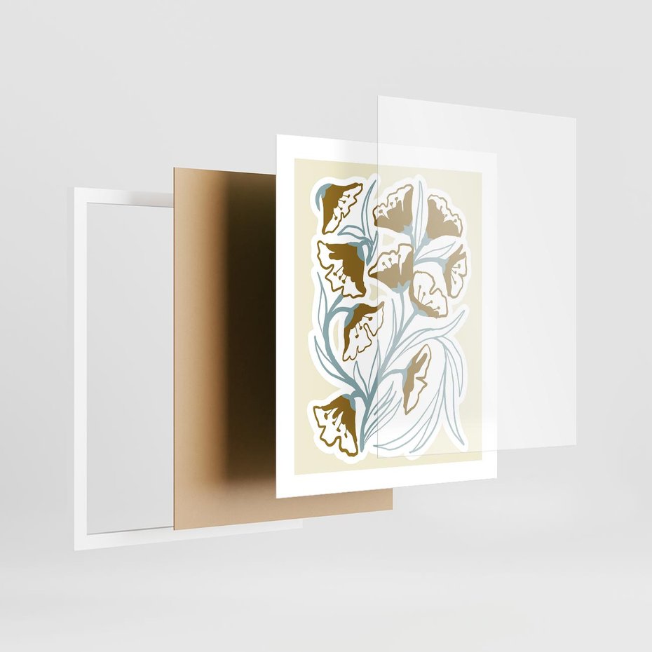 Plakat w ramie 40x50 - Wibracje Widzenia - abstrakcyjne beżowe kwiaty, elegancka kompozycja - rama biała