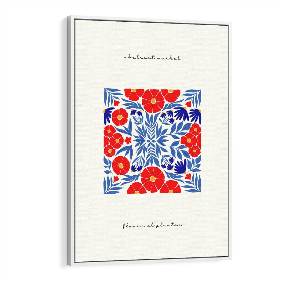 Obraz w ramie 80x120 - Tajemnicza Droga - nowoczesna kwiatowa kompozycja, czerwony i niebieski - rama biała