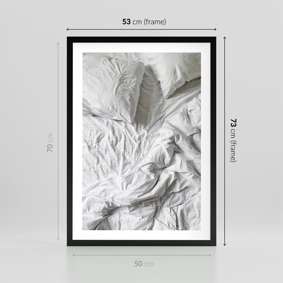 Plakat w ramie 50x70 - Biała Pościel na Łóżku - biała pościel, łóżko - rama czarna
