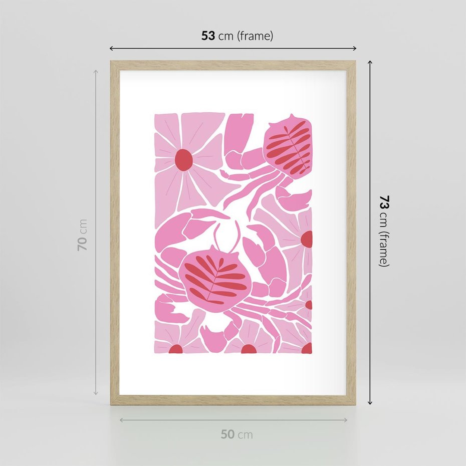 Plakat w ramie 50x70 - Roztańczone Kraby - różowe kwiaty i kraby, abstrakcyjna kompozycja - rama drewno