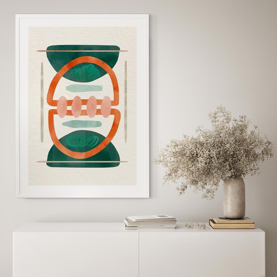 Plakat w ramie 30x40 - Oryginalny obraz abstrakcyjny w nowoczesnym stylu. Geometryczne akwarelowe kształty w intensywnych odcieniach zieleni i pomarańczu. Doskonała dekoracja dla miłośników sztuki. - abstrakcyjny obraz, sztuka nowoczesna - rama biała