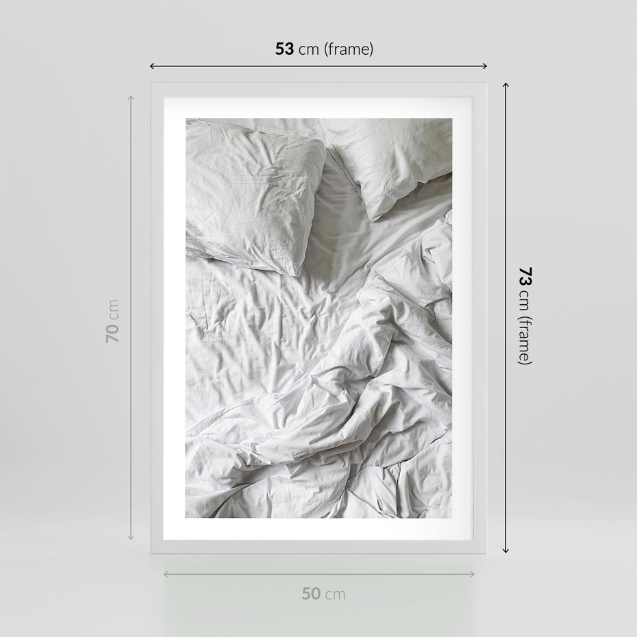 Plakat w ramie 50x70 - Biała Pościel na Łóżku - biała pościel, łóżko - rama biała