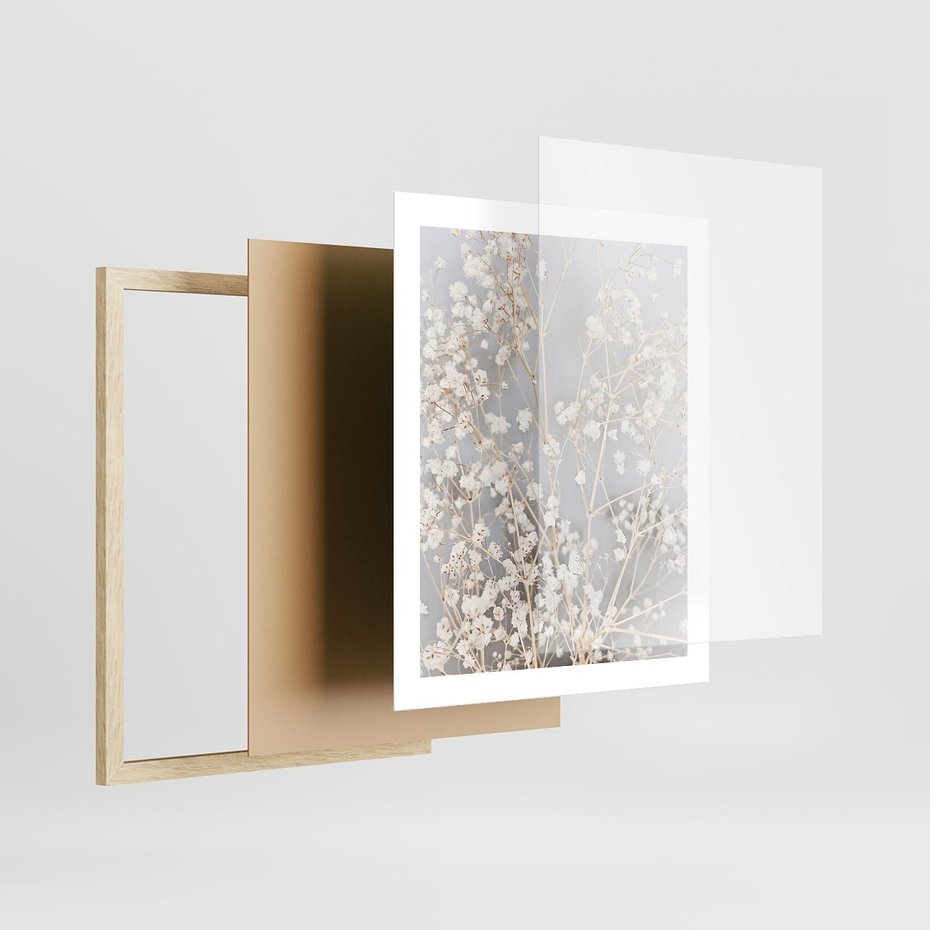 Plakat w ramie 40x50 - Białe Drobne Kwiaty - gipsówka, białe drobne kwiatki - rama drewno