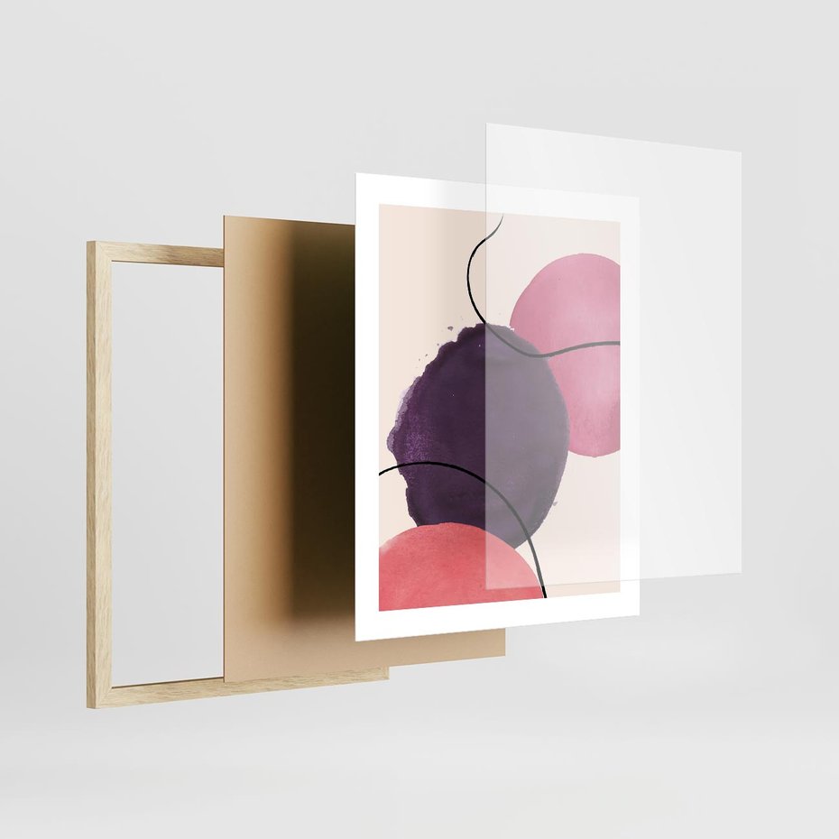 Plakat w ramie 40x50 - Migotliwe Widzenia - abstrakcyjne akwarelowe plamy, nieregularne linie - rama drewno