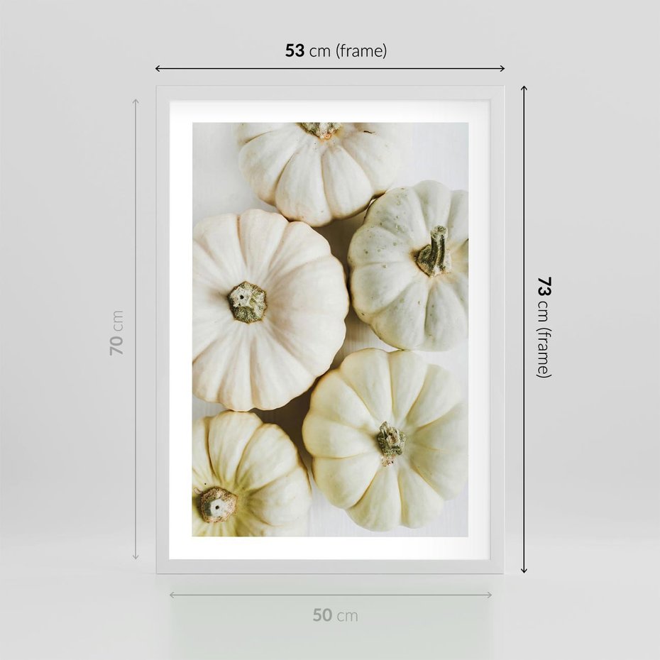Plakat w ramie 50x70 - Jesienne Dynie: Delikatna Kompozycja - białe dynie, jasna kompozycja - rama biała
