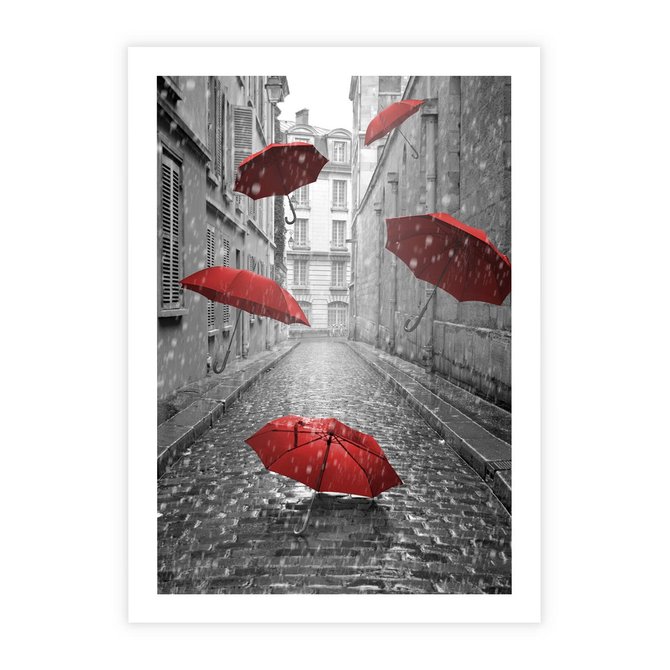 Plakat bez ramy 21x30 - Parasole w malowniczej uliczce - parasole, uliczka