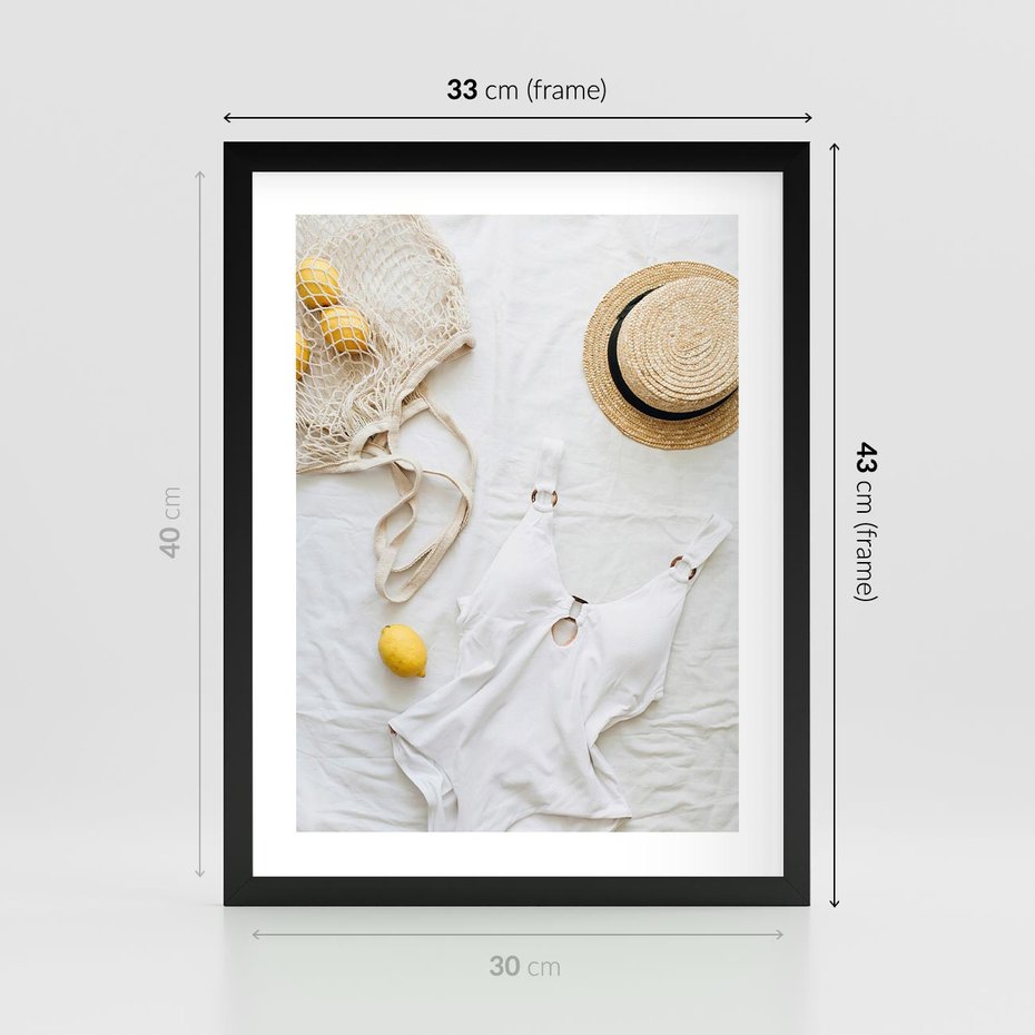 Plakat w ramie 30x40 - Moda na Wakacje: Cytrynowy Urok - kompozycja letnia, fashion - rama czarna