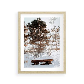 Plakat w ramie 30x40 - Ławka Pod Śniegiem - zimowy pejzaż, ławka pod śniegiem - rama drewno