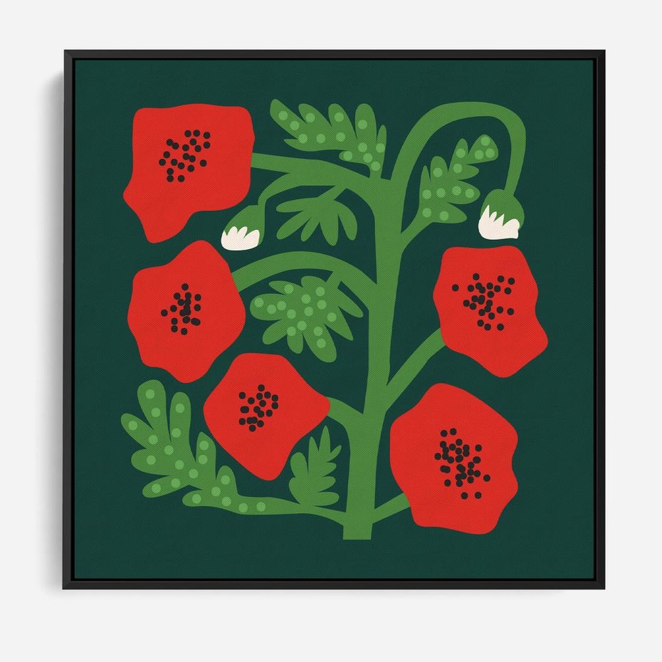 Obraz w ramie 50x50 - Księga Odbić - abstrakcyjna kwiatowa kompozycja, zielone mocne tło - rama czarna