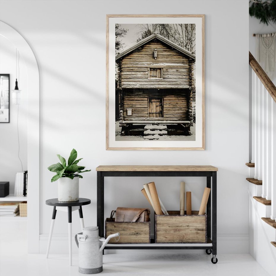 Plakat w ramie 30x40 - Stary Drewniany Dom w Śniegu - stary drewniany dom, zima - rama drewno