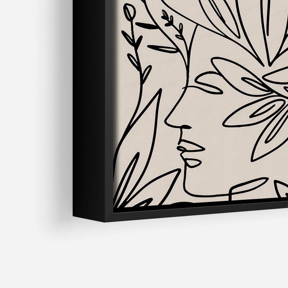 Obraz w ramie 50x70 - Kobiecy Portret Duszy - beżowe tło, czarny szkic nowoczesnych kwiatów - rama czarna