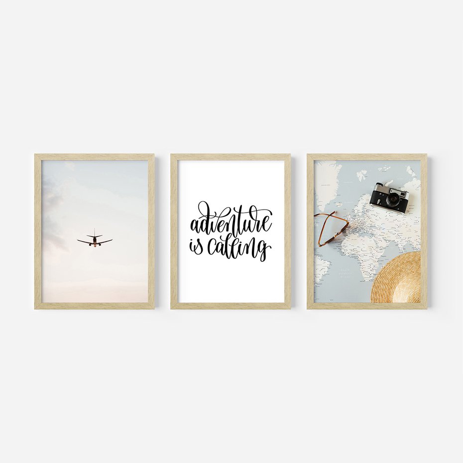 Zestaw obrazy w ramie 30x40 galeria - Podróż, wakacje, samolot, typografia - rama drewno