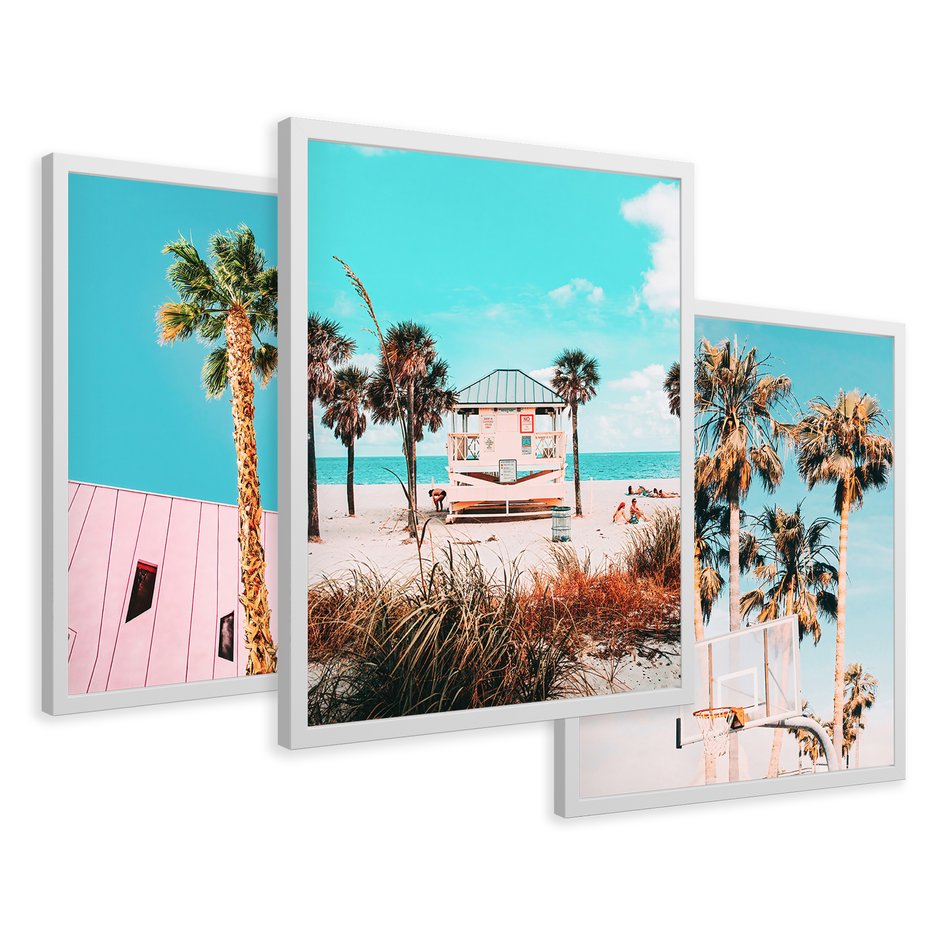 Zestaw obrazy w ramie 40x50 galeria - Plaża, palmy, morze, wakacje - rama biała
