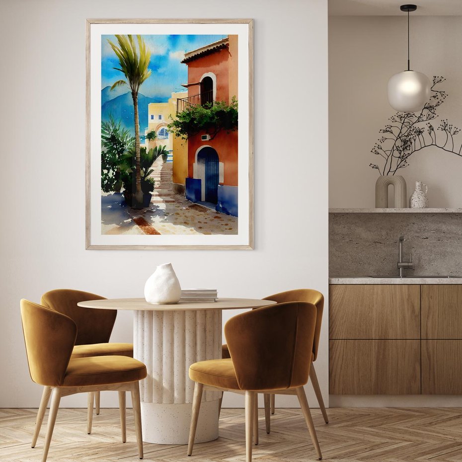 Plakat w ramie 30x40 - Spokój Miasta nad Morzem - akwarela, sródziemnomorski klimat - rama drewno