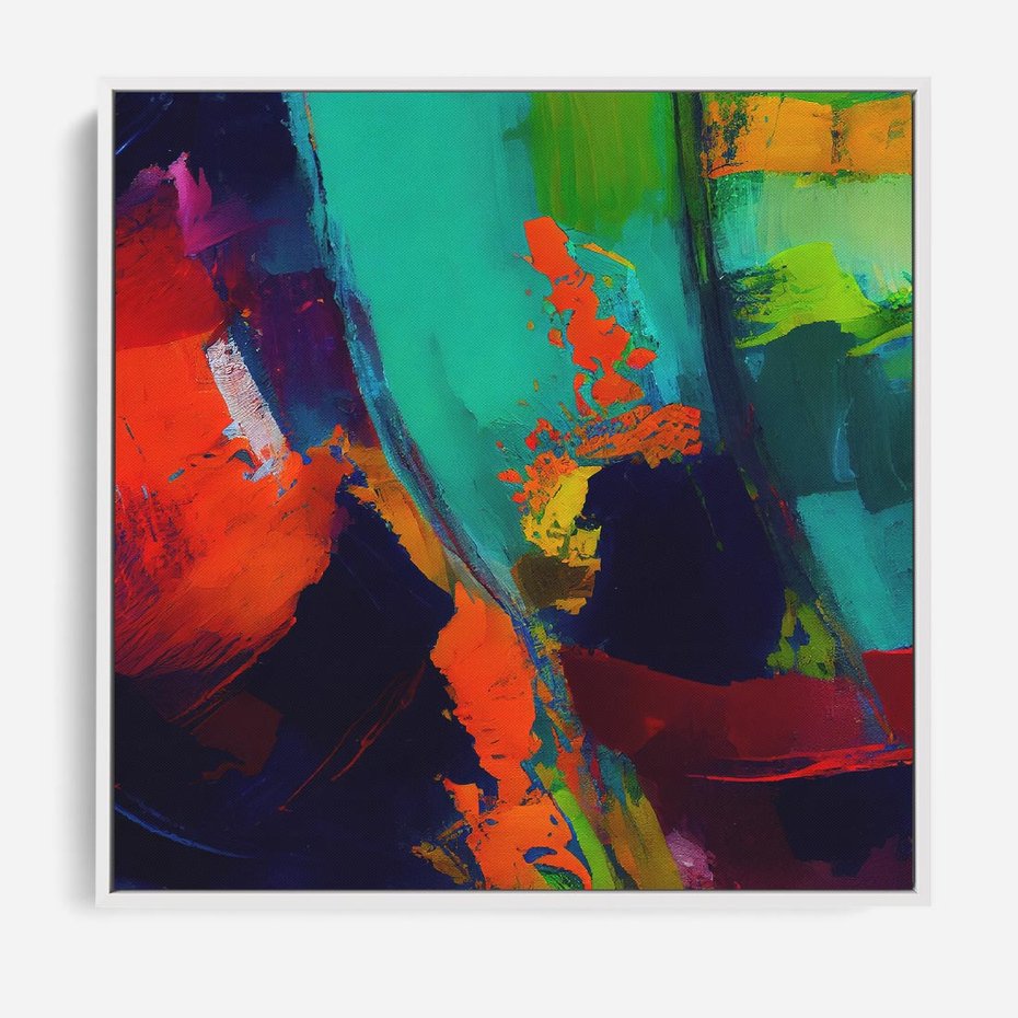 Obraz w ramie 80x80 - Abstrakcyjne wizje czasu - żywe radosne kolory, plamy kolory - rama biała