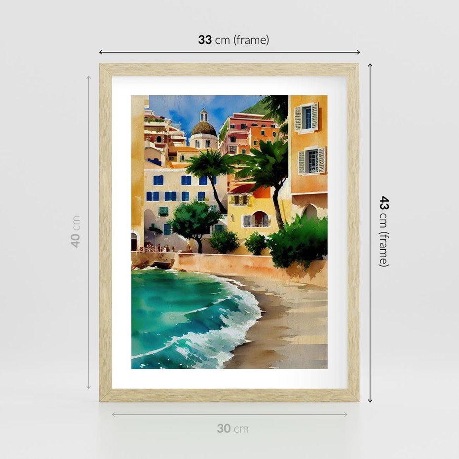 Plakat w ramie 30x40 - Zamieszkajmy Tu - akwarela, śródziemnomorski klimat - rama drewno