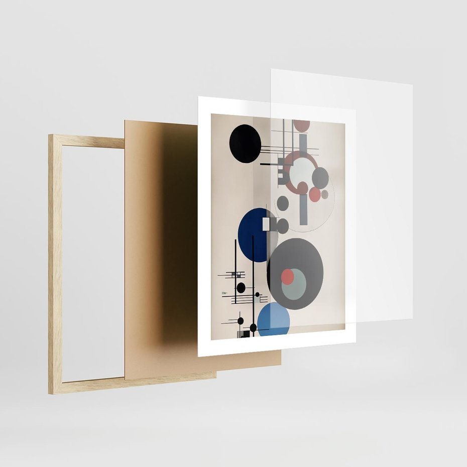 Plakat w ramie 40x50 - Rozkwitające Wibracje Wyobraźni - abstrakcyjna geometryczna kompozycja, koła linie - rama drewno