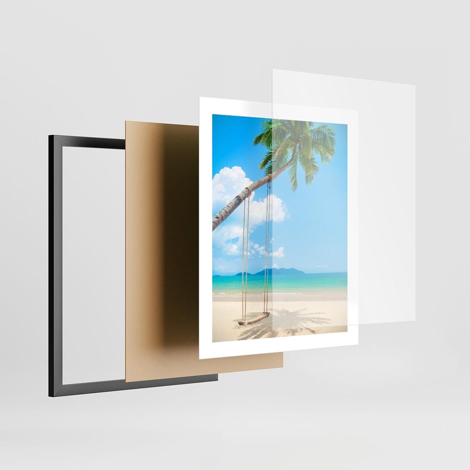 Plakat w ramie 40x50 - Hawajska palma i huśtawka na plaży - palma, huśtawka - rama czarna