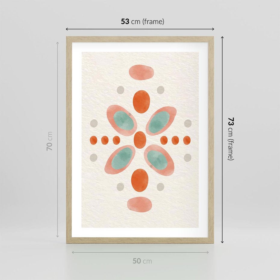 Plakat w ramie 50x70 - Symfonia Natury - abstrakcyjne plamy w odcieniach pomarańczowym, kropki plamki - rama drewno