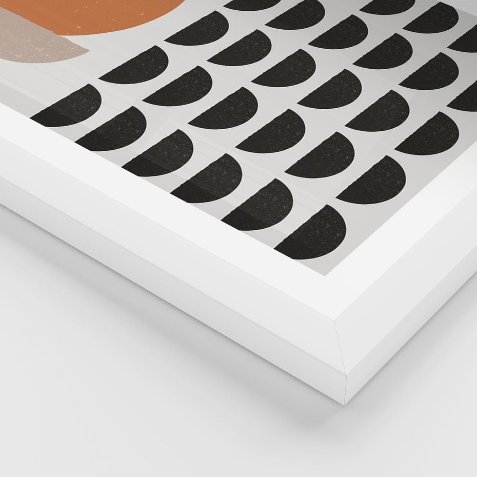 Plakat w ramie 30x40 - Geometryczna Ekspresja - geometryczny graficzny obraz, pomarańczowe koło - rama biała