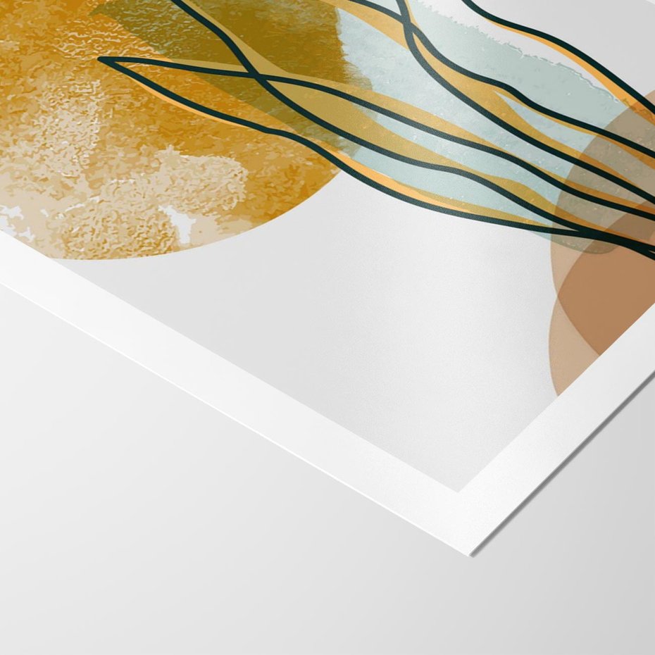 Plakat bez ramy 21x30 - Światło Natury: Graficzne Liście i Złote Słońce - grafika, graficzne liście