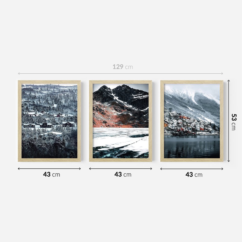 Zestaw obrazy w ramie 40x50 galeria - Norweskie, domki, góry, zima - rama drewno