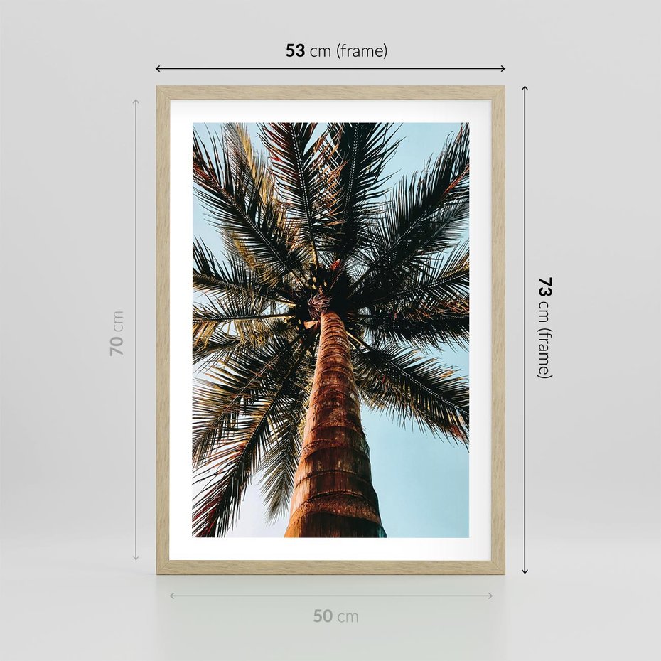 Plakat w ramie 50x70 - Rajskie Inspiracje: Palma na Niebie - palma, na tle nieba - rama drewno