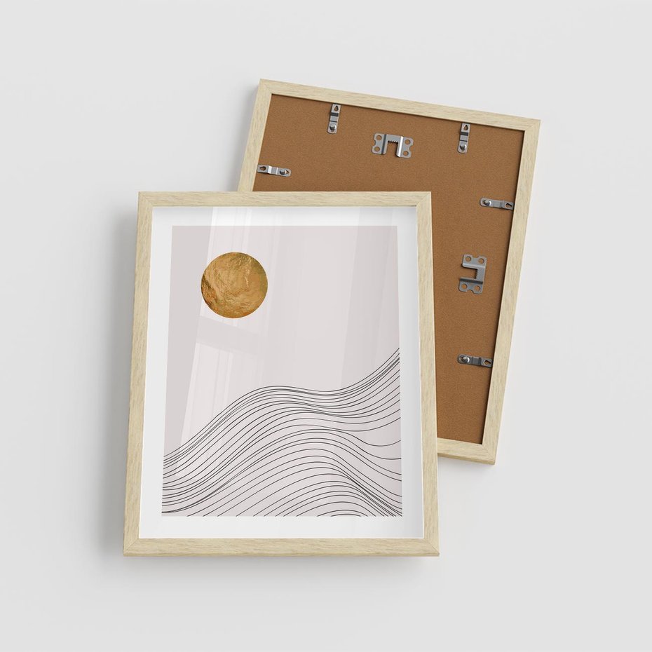 Plakat w ramie 40x50 - Minimalistyczne Słońce: Blask i Złoto - grafika, minimalizm - rama drewno