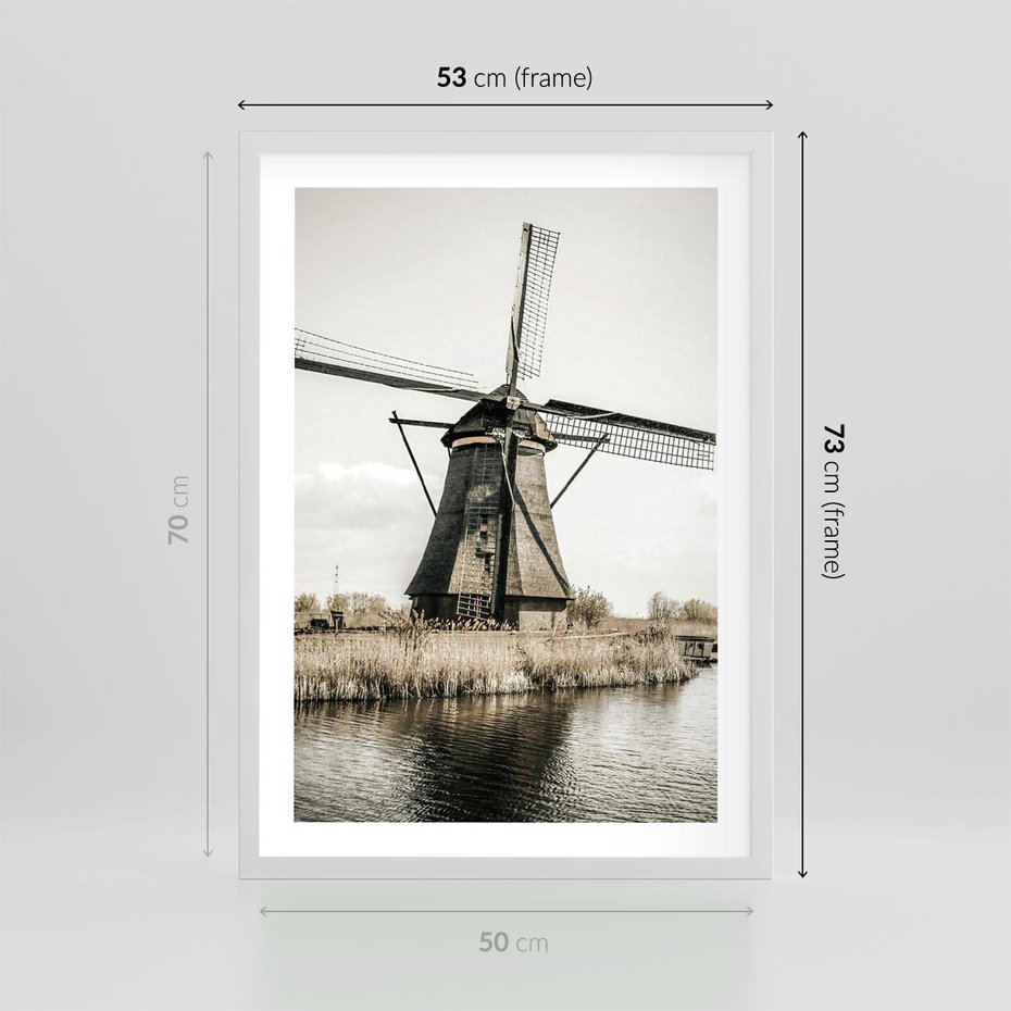 Plakat w ramie 50x70 - Holenderski Wiatrak w Sepii - holenderski wiatrak, młyn - rama biała