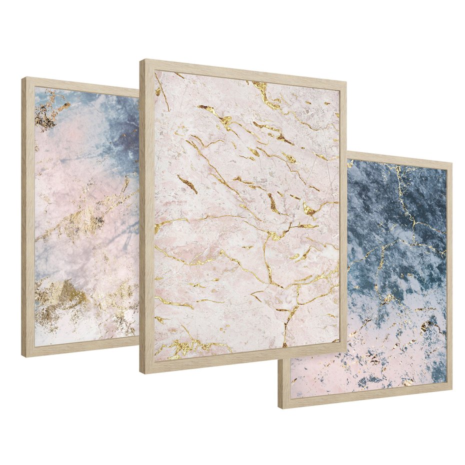 Zestaw obrazy w ramie 30x40 galeria - Marmur, złoto, błękit, turkus - rama drewno