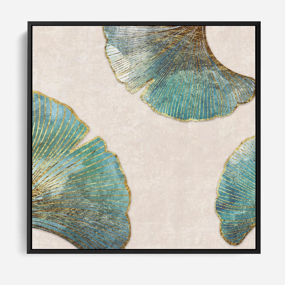Obraz w ramie 50x50 - Złota Melodia Liści - złote, turkusowe liście miłorzębu - rama czarna