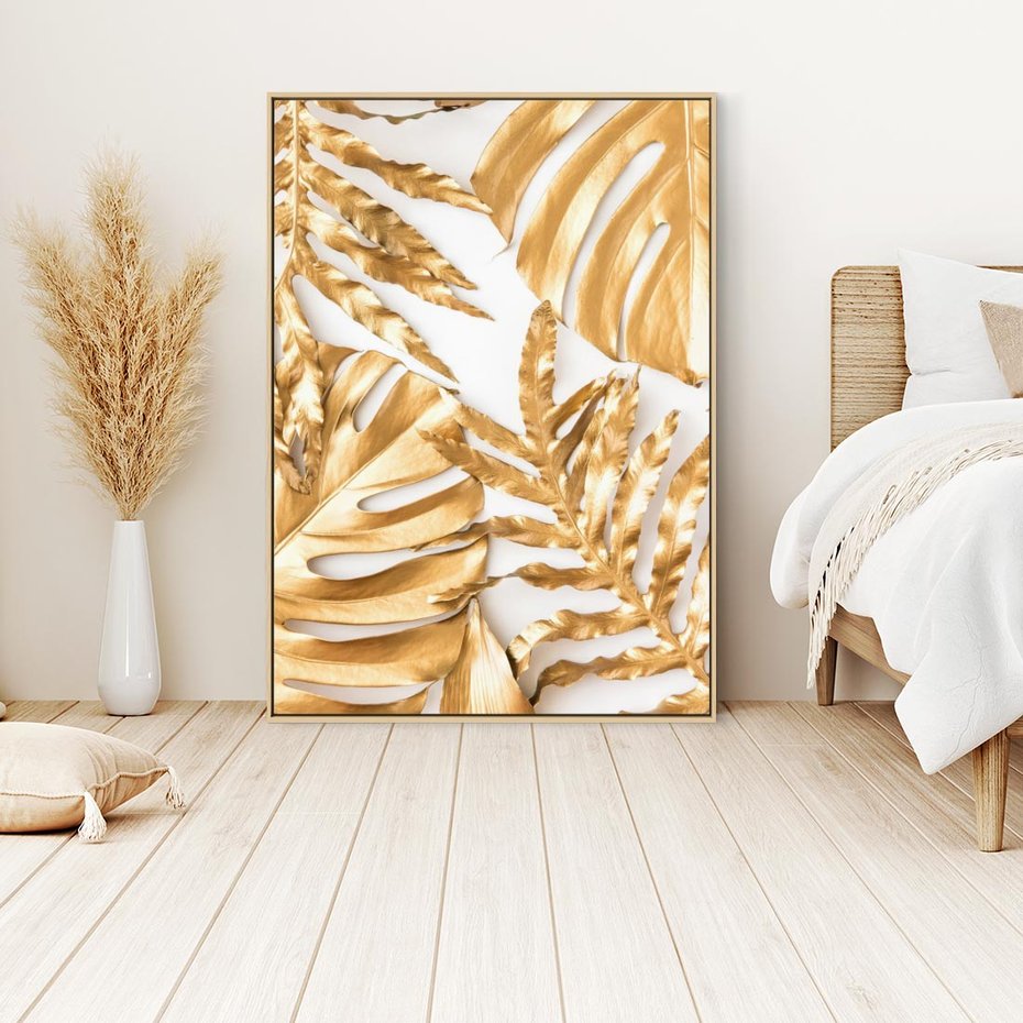 Obraz w ramie 70x100 - Monstera Złote Liście - monstera, złote - rama drewno